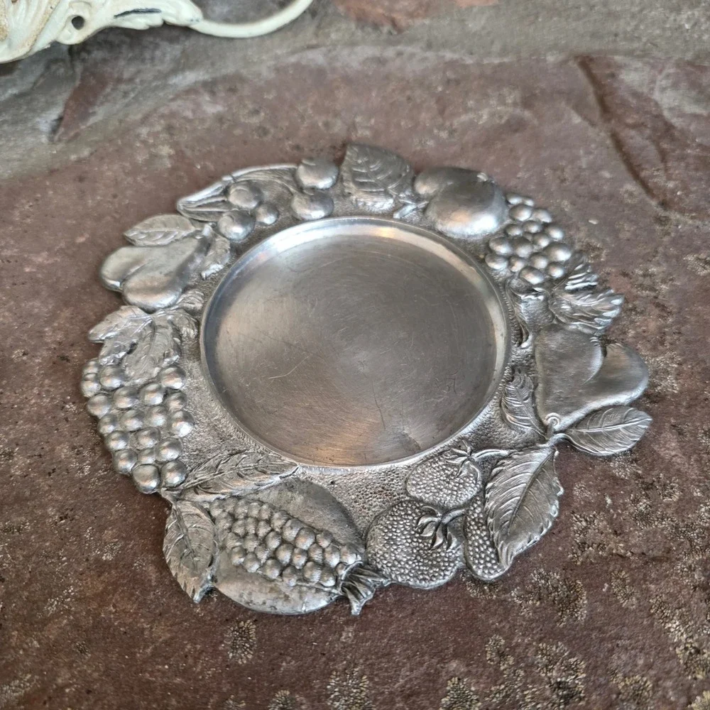 Vintage Italian Pewter Wine Bottle Coaster Embossed Fruit Harvest Made in Italy